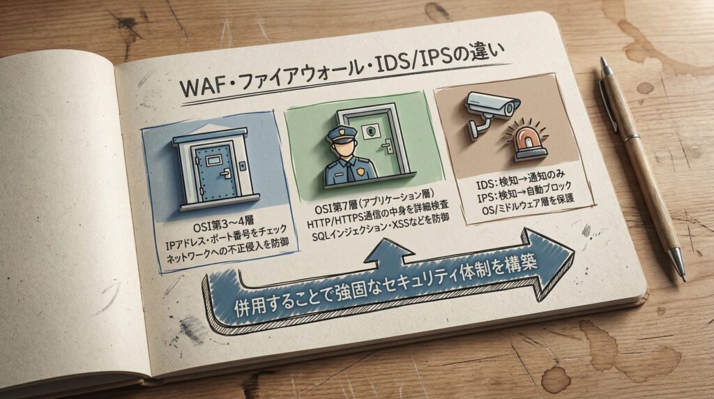 3. WAFとファイアウォール、IDS/IPSの違い―守る「場所」が違う