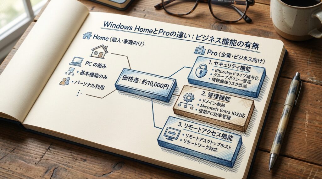 1. 結論:Windows HomeとProの違いは「ビジネス機能の有無」