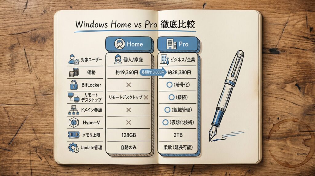 2. Windows HomeとProの主な違い8つを比較表で確認